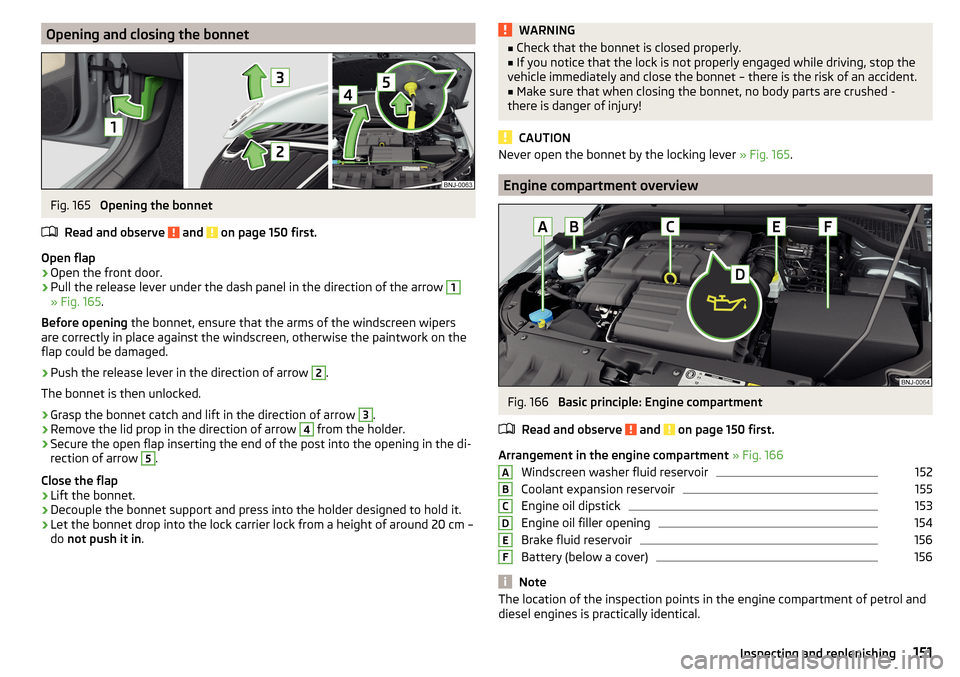 SKODA FABIA 2015 3.G / NJ Owners Manual Opening and closing the bonnetFig. 165
Opening the bonnet
Read and observe
and on page 150 first.
Open flap
›
Open the front door.
›
Pull the release lever under the dash panel in the directio SKODA FABIA 2015 3.G / NJ Owners Manual Opening and closing the bonnetFig. 165
Opening the bonnet
Read and observe
and on page 150 first.
Open flap
›
Open the front door.
›
Pull the release lever under the dash panel in the directio
