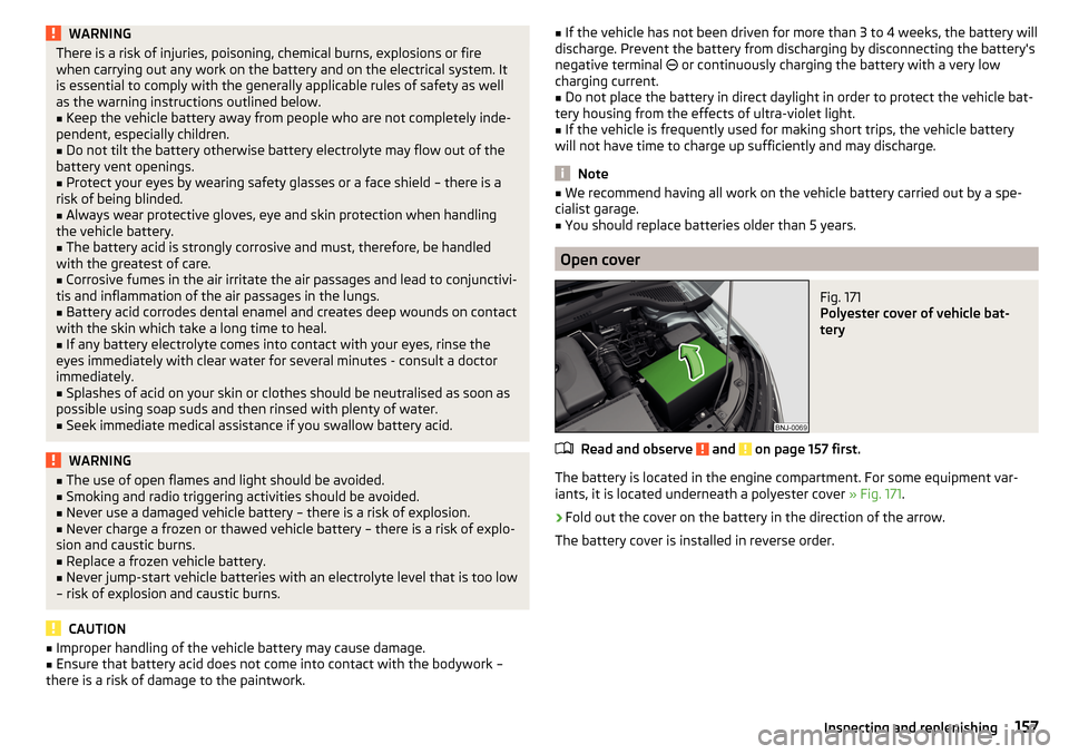 SKODA FABIA 2015 3.G / NJ Owners Manual WARNINGThere is a risk of injuries, poisoning, chemical burns, explosions or fire
when carrying out any work on the battery and on the electrical system. It
is essential to comply with the generally a