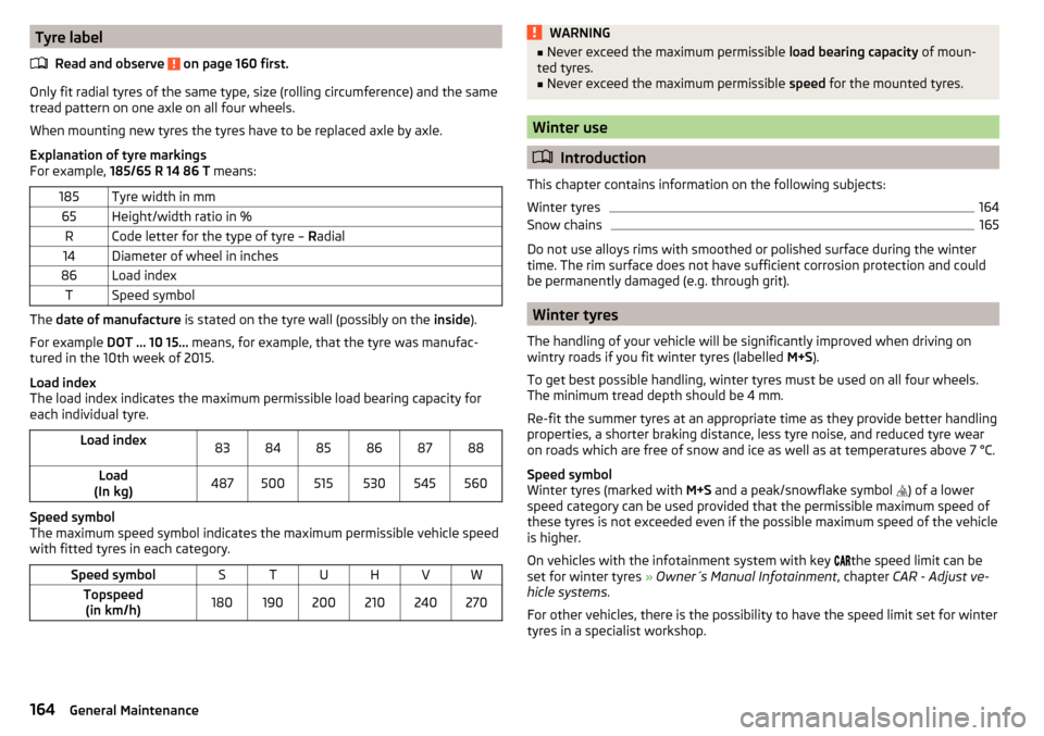 SKODA FABIA 2015 3.G / NJ Owners Manual Tyre labelRead and observe 
 on page 160 first.
Only fit radial tyres of the same type, size (rolling circumference) and the same
tread pattern on one axle on all four wheels.
When mounting new tyres 