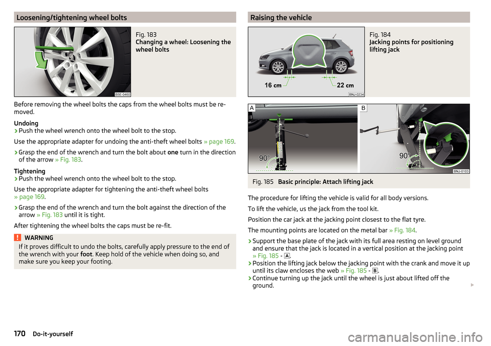 SKODA FABIA 2015 3.G / NJ Owners Manual Loosening/tightening wheel boltsFig. 183
Changing a wheel: Loosening the
wheel bolts
Before removing the wheel bolts the caps from the wheel bolts must be re-
moved.
Undoing
›
Push the wheel wrench SKODA FABIA 2015 3.G / NJ Owners Manual Loosening/tightening wheel boltsFig. 183
Changing a wheel: Loosening the
wheel bolts
Before removing the wheel bolts the caps from the wheel bolts must be re-
moved.
Undoing
›
Push the wheel wrench