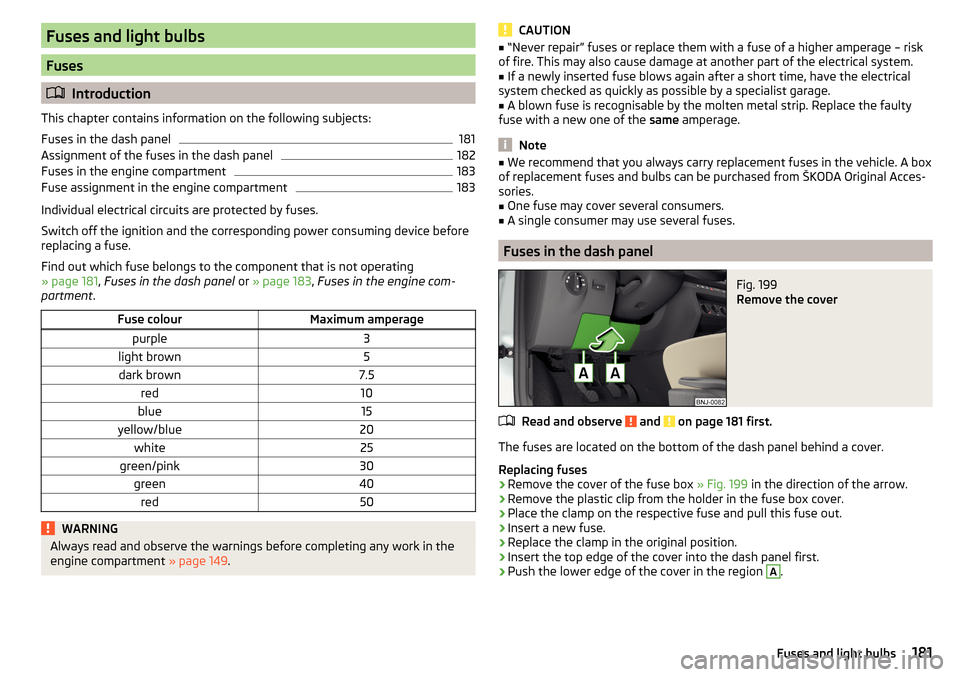 SKODA FABIA 2015 3.G / NJ Owners Manual Fuses and light bulbs
Fuses
Introduction
This chapter contains information on the following subjects:
Fuses in the dash panel
181
Assignment of the fuses in the dash panel
182
Fuses in the engine c