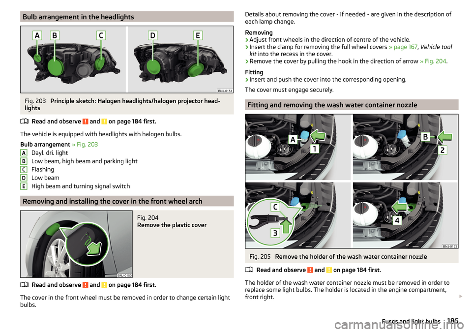 SKODA FABIA 2015 3.G / NJ Owners Manual Bulb arrangement in the headlightsFig. 203 
Principle sketch: Halogen headlights/halogen projector head-
lights
Read and observe 
 and  on page 184 first.
The vehicle is equipped with headlights with 