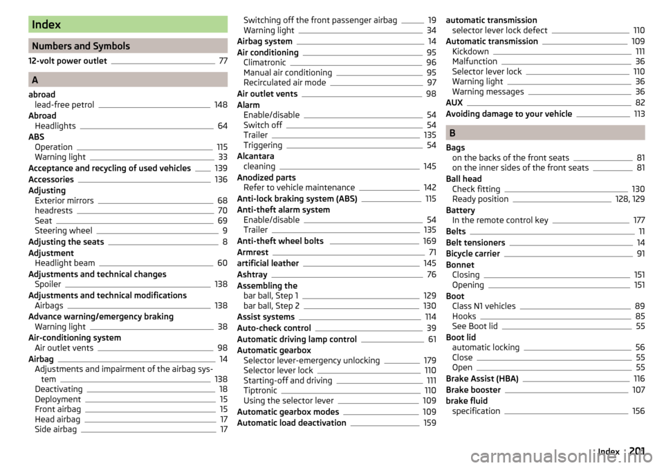 SKODA FABIA 2015 3.G / NJ Owners Manual Index
Numbers and Symbols
12-volt power outlet
77
A
abroad lead-free petrol
148
Abroad Headlights
64
ABS Operation
115
Warning light33
Acceptance and recycling of used vehicles139
Accessories136
Adjus