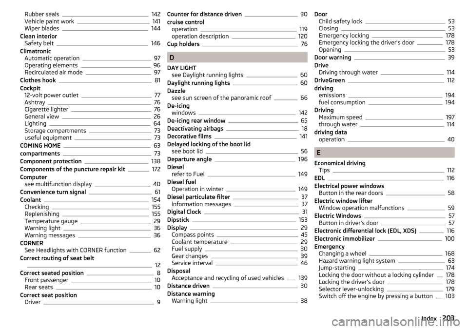 SKODA FABIA 2015 3.G / NJ Owners Manual Rubber seals142
Vehicle paint work141
Wiper blades144
Clean interior Safety belt
146
Climatronic Automatic operation
97
Operating elements96
Recirculated air mode97
Clothes hook81
Cockpit 12-volt powe