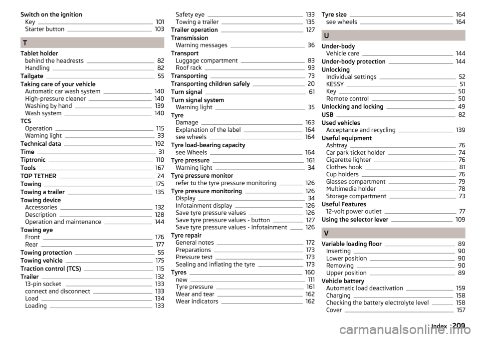 SKODA FABIA 2015 3.G / NJ Owners Manual Switch on the ignitionKey101
Starter button103
T
Tablet holder behind the headrests
82
Handling82
Tailgate55
Taking care of your vehicle Automatic car wash system
140
High-pressure cleaner140
Washing 