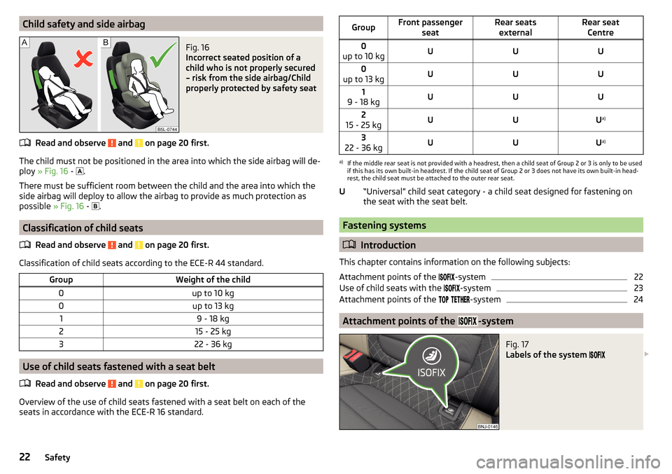 SKODA FABIA 2015 3.G / NJ Owners Manual Child safety and side airbagFig. 16 
Incorrect seated position of a
child who is not properly secured
– risk from the side airbag/Child
properly protected by safety seat
Read and observe  and  on pa