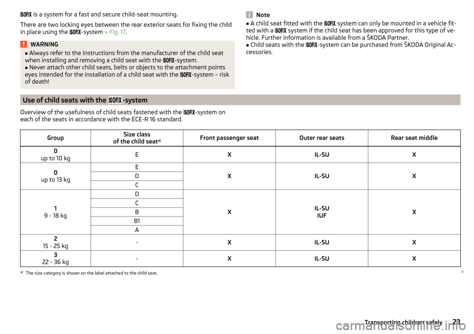 SKODA FABIA 2015 3.G / NJ Owners Manual  is a system for a fast and secure child-seat mounting.
There are two locking eyes between the rear exterior seats for fixing the child in place using the  
-system