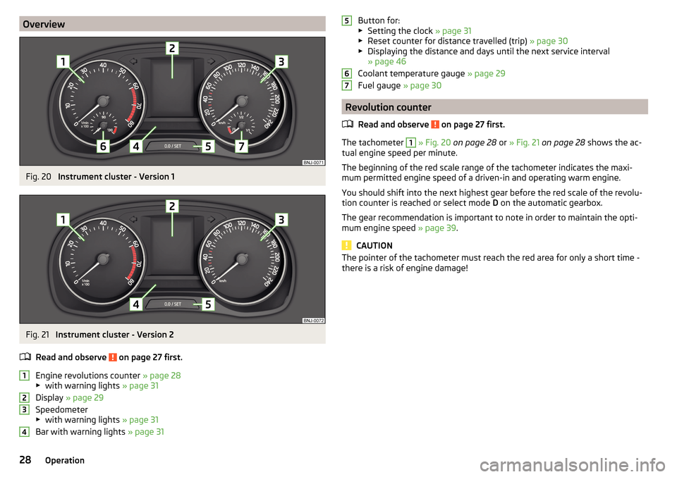 SKODA FABIA 2015 3.G / NJ Owners Guide OverviewFig. 20
Instrument cluster - Version 1
Fig. 21
Instrument cluster - Version 2
Read and observe
on page 27 first.
Engine revolutions counter » page 28
▶ with warning lights » page 31
SKODA FABIA 2015 3.G / NJ Owners Guide OverviewFig. 20
Instrument cluster - Version 1
Fig. 21
Instrument cluster - Version 2
Read and observe
on page 27 first.
Engine revolutions counter » page 28
▶ with warning lights » page 31