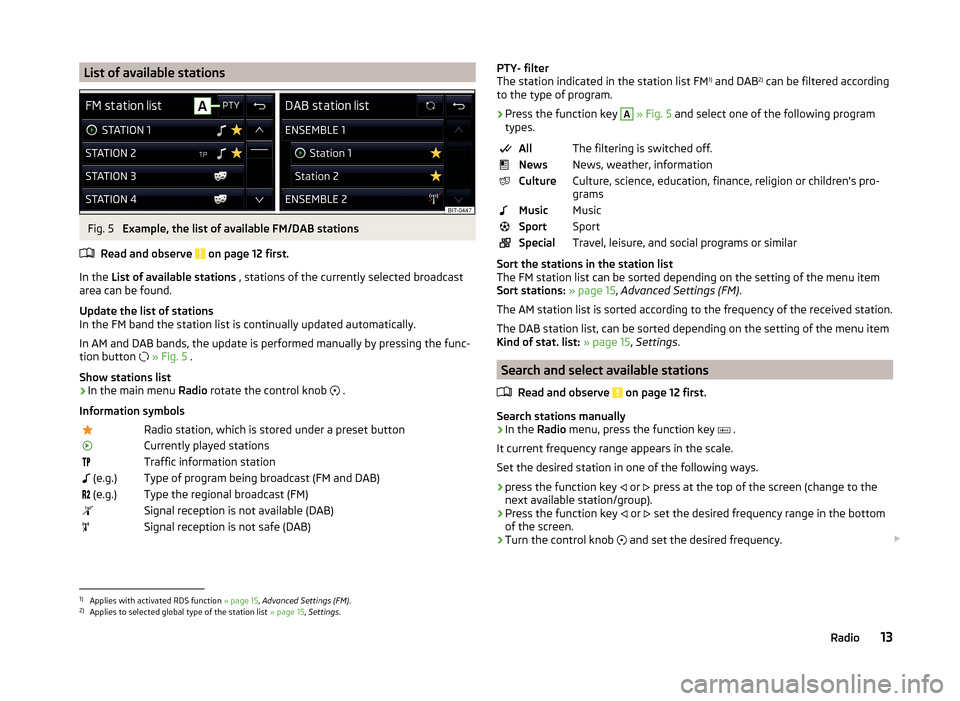 SKODA FABIA 2015 3.G / NJ Swing Infotinment Car Radio Manual List of available stationsFig. 5 
Example, the list of available FM/DAB stations
Read and observe 
 on page 12 first.
In the  List of available stations  , stations of the currently selected broadcast