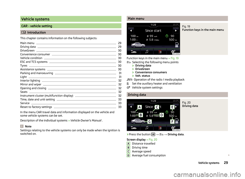 SKODA RAPID 2015 1.G Swing Infotinment Car Radio Manual Vehicle systems
CAR - vehicle setting
Introduction
This chapter contains information on the following subjects:
Main menu
29
Driving data
29
DriveGreen
30
Convenience consumer
30
Vehicle condition
