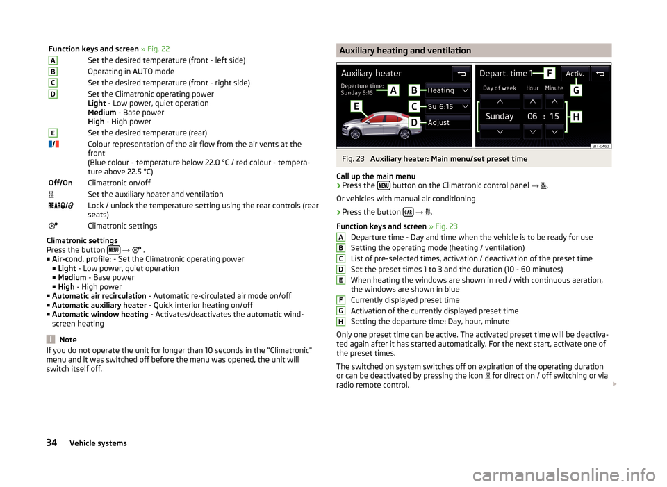 SKODA FABIA 2015 3.G / NJ Swing Infotinment Car Radio Manual Function keys and screen » Fig. 22ASet the desired temperature (front - left side)BOperating in AUTO modeCSet the desired temperature (front - right side)DSet the Climatronic operating power
Light  -