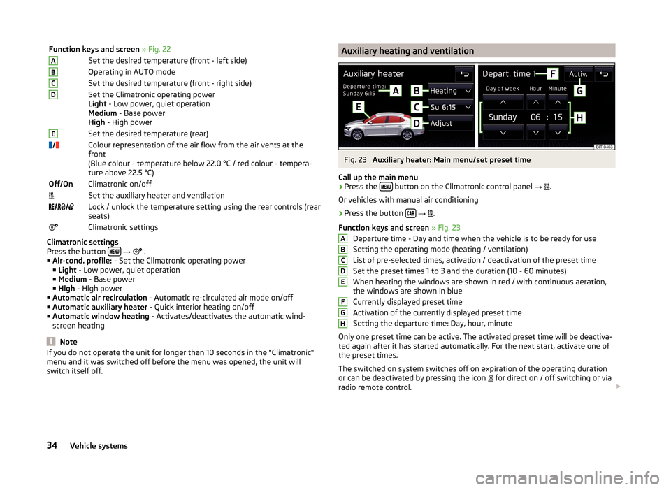 SKODA SUPERB 2015 3.G / (B8/3V) Swing Infotinment Car Radio Manual Function keys and screen » Fig. 22ASet the desired temperature (front - left side)BOperating in AUTO modeCSet the desired temperature (front - right side)DSet the Climatronic operating power
Light  -