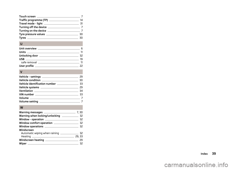 SKODA RAPID 2015 1.G Swing Infotinment Car Radio Manual Touch screen7
Traffic programme (TP)14
Travel mode - light31
Turning off the device7
Turning on the device7
Tyre pressure values30
Tyres30
U
Unit overview
6
Units11
Unlocking door32
USB19
safe removal