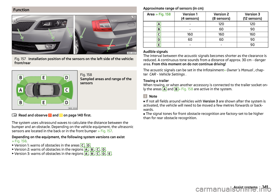 SKODA OCTAVIA 2015 3.G / (5E) Owners Manual FunctionFig. 157 
Installation position of the sensors on the left side of the vehicle:
front/rear
Fig. 158 
Sampled areas and range of the
sensors
Read and observe  and  on page 140 first.
The system
