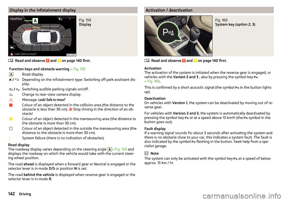 SKODA OCTAVIA 2015 3.G / (5E) Owners Manual Display in the Infotainment displayFig. 159 
Display
Read and observe  and  on page 140 first.
Function keys and obstacle warning » Fig. 159ARoad display.    Depending on the Infotainment ty
