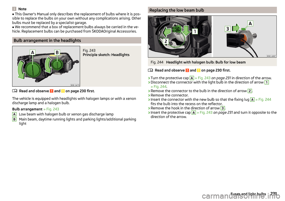 SKODA OCTAVIA 2015 3.G / (5E) Owners Manual Note■This Owners Manual only describes the replacement of bulbs where it is pos-
sible to replace the bulbs on your own without any complications arising. Other
bulbs must be replaced by a speciali SKODA OCTAVIA 2015 3.G / (5E) Owners Manual Note■This Owners Manual only describes the replacement of bulbs where it is pos-
sible to replace the bulbs on your own without any complications arising. Other
bulbs must be replaced by a speciali