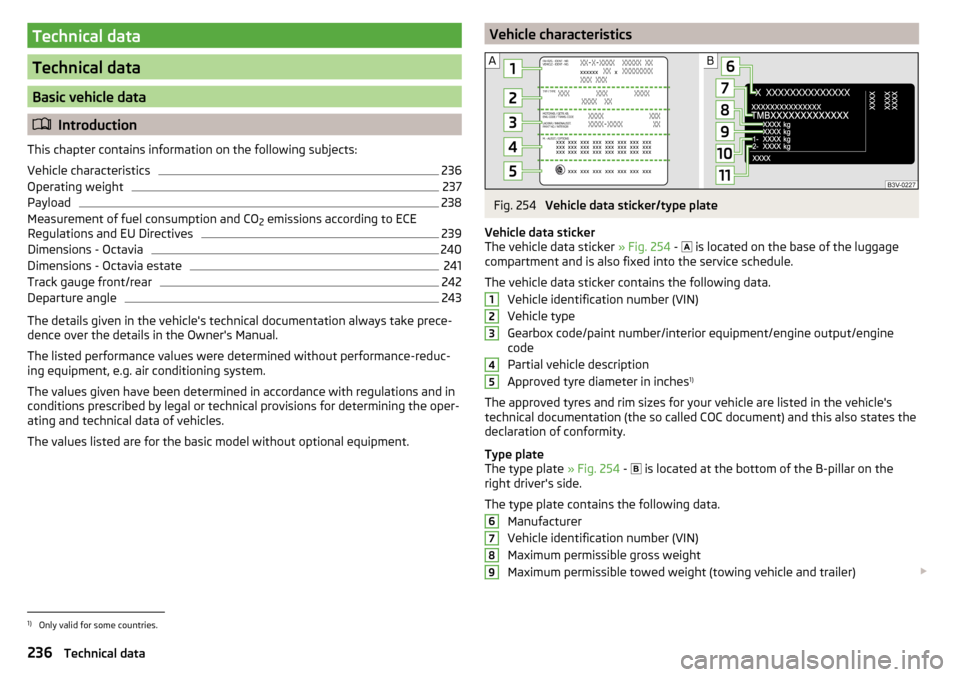 SKODA OCTAVIA 2015 3.G / (5E) Owners Manual Technical data
Technical data
Basic vehicle data
Introduction
This chapter contains information on the following subjects:
Vehicle characteristics
236
Operating weight
237
Payload
238
Measurement o SKODA OCTAVIA 2015 3.G / (5E) Owners Manual Technical data
Technical data
Basic vehicle data
Introduction
This chapter contains information on the following subjects:
Vehicle characteristics
236
Operating weight
237
Payload
238
Measurement o