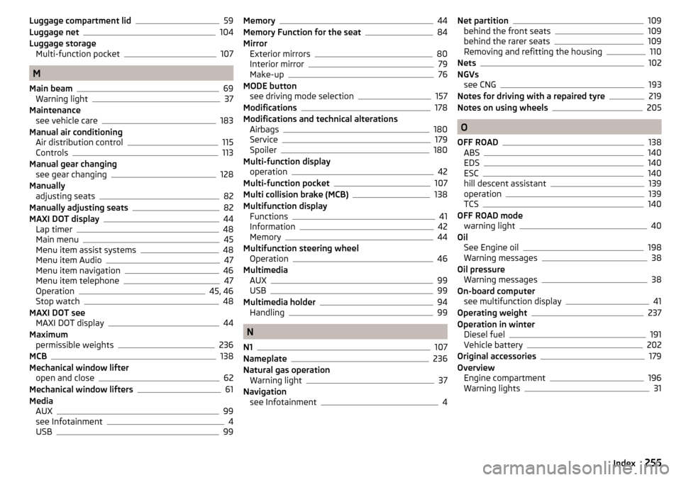 SKODA OCTAVIA 2015 3.G / (5E) Workshop Manual Luggage compartment lid59
Luggage net104
Luggage storage Multi-function pocket
107
M
Main beam
69
Warning light37
Maintenance see vehicle care
183
Manual air conditioning Air distribution control
115
