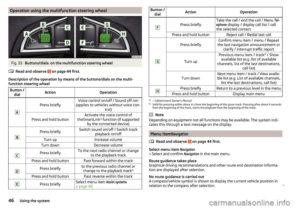 SKODA OCTAVIA 2015 3.G / (5E) Owners Manual Operation using the multifunction steering wheelFig. 33
Buttons/dials: on the multifunction steering wheel
Read and observe
on page 44 first.
Description of the operation by means of the buttons/di SKODA OCTAVIA 2015 3.G / (5E) Owners Manual Operation using the multifunction steering wheelFig. 33
Buttons/dials: on the multifunction steering wheel
Read and observe
on page 44 first.
Description of the operation by means of the buttons/di
