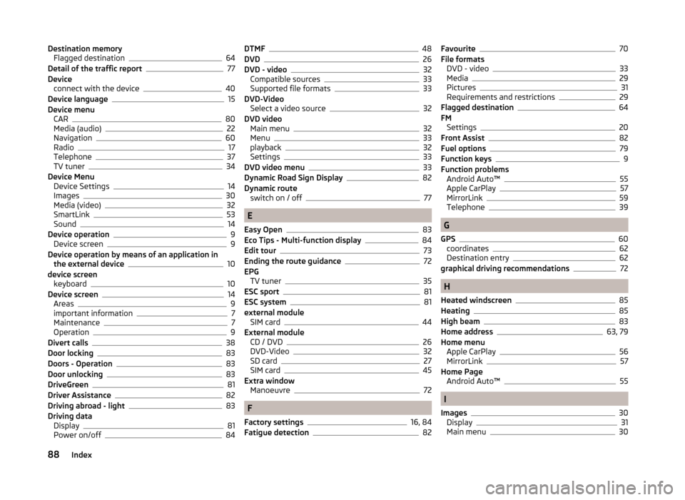 SKODA SUPERB 2015 3.G / (B8/3V) Columbus Infotainment System Manual Destination memoryFlagged destination64
Detail of the traffic report77
Device connect with the device
40
Device language15
Device menu CAR
80
Media (audio)22
Navigation60
Radio17
Telephone37
TV tuner3