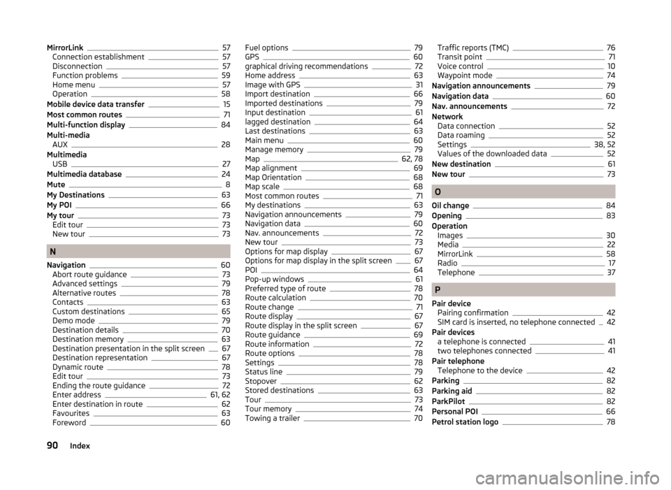 SKODA SUPERB 2015 3.G / (B8/3V) Columbus Infotainment System Manual MirrorLink57
Connection establishment57
Disconnection57
Function problems59
Home menu57
Operation58
Mobile device data transfer15
Most common routes71
Multi-function display84
Multi-media AUX
28
Multi