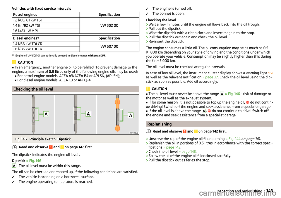 SKODA RAPID 2015 1.G Owners Manual Vehicles with fixed service intervalsPetrol enginesSpecification1.2 l/66, 81 kW TSI
VW 502 00
1.4 ltr./92 kW TSI1.6 l./81 kW MPIDiesel enginesa)Specification1.4 l/66 kW TDI CRVW 507 001.6 l/85 kW TDI 