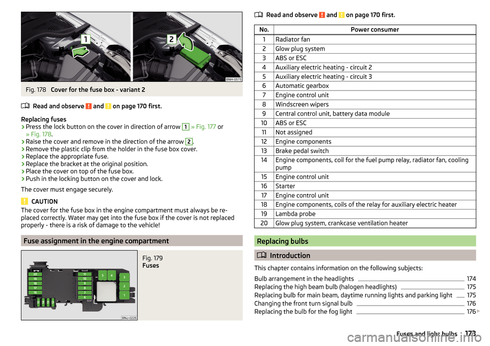 SKODA RAPID 2015 1.G Owners Manual Fig. 178 
Cover for the fuse box - variant 2
Read and observe 
 and  on page 170 first.
Replacing fuses
›
Press the lock button on the cover in direction of arrow 
1
  » Fig. 177  or
» Fig. 178 .
