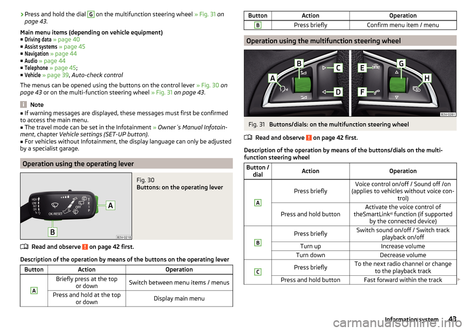 SKODA RAPID 2015 1.G Service Manual ›Press and hold the dial G on the multifunction steering wheel 
» Fig. 31 on
page 43 .
Main menu items (depending on vehicle equipment) ■Driving data
  » page 40
■
Assist systems
  » page 45
