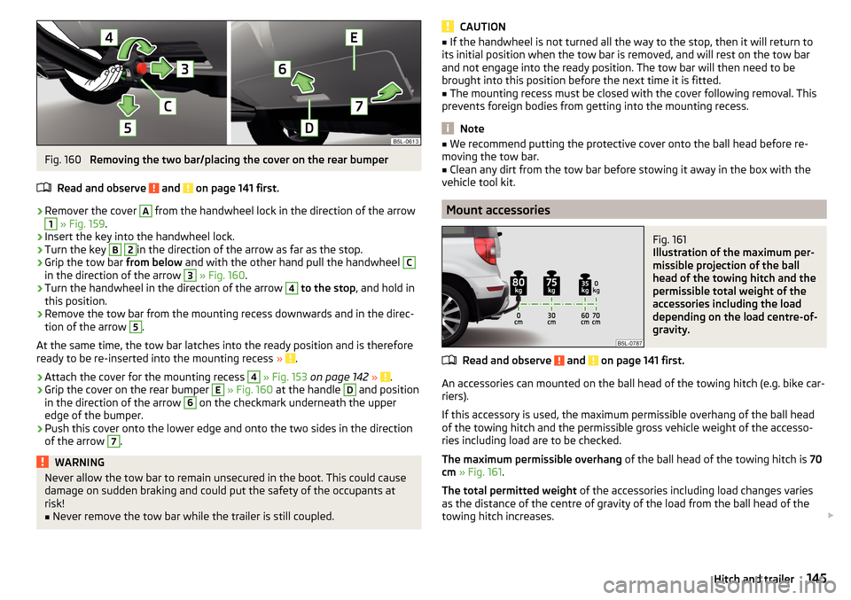 SKODA YETI 2015 1.G / 5L Owners Manual Fig. 160 
Removing the two bar/placing the cover on the rear bumper
Read and observe 
 and  on page 141 first.
›
Remover the cover 
A
 from the handwheel lock in the direction of the arrow
1
  » Fi