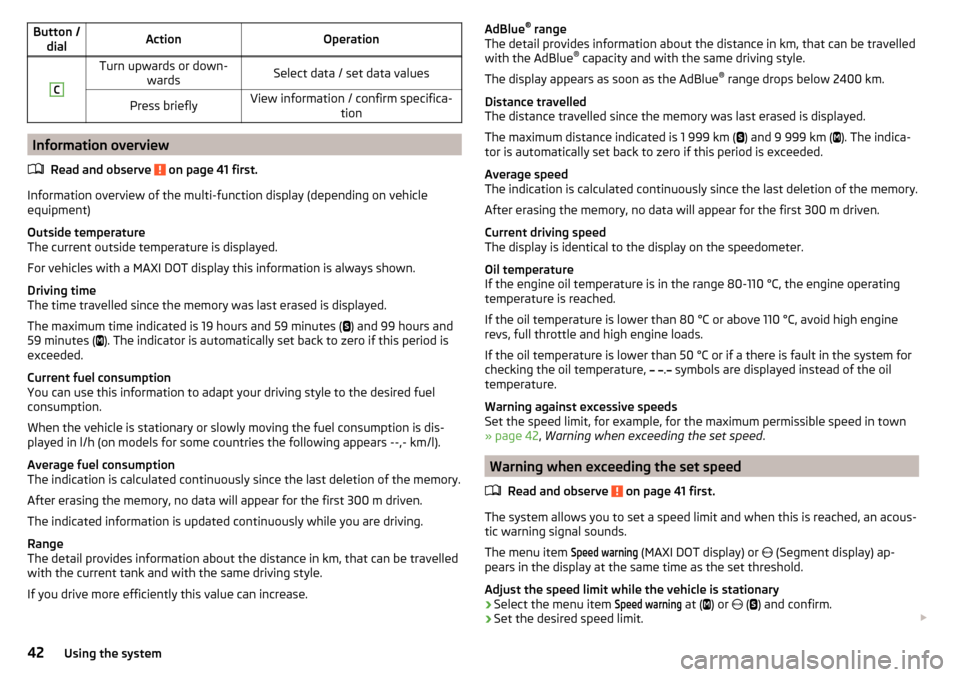 SKODA YETI 2015 1.G / 5L Owners Manual Button /dialActionOperationCTurn upwards or down- wardsSelect data / set data valuesPress brieflyView information / confirm specifica- tion
Information overview
Read and observe 
 on page 41 first.
In