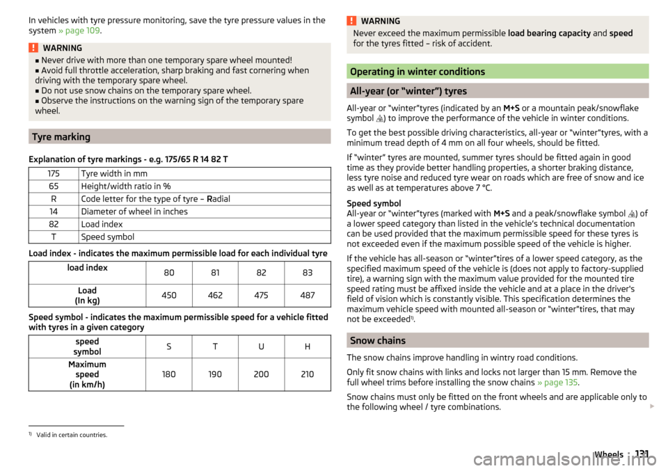 SKODA CITIGO 2016 1.G Owners Manual In vehicles with tyre pressure monitoring, save the tyre pressure values in the
system  » page 109 .WARNING■
Never drive with more than one temporary spare wheel mounted!■Avoid full throttle acce