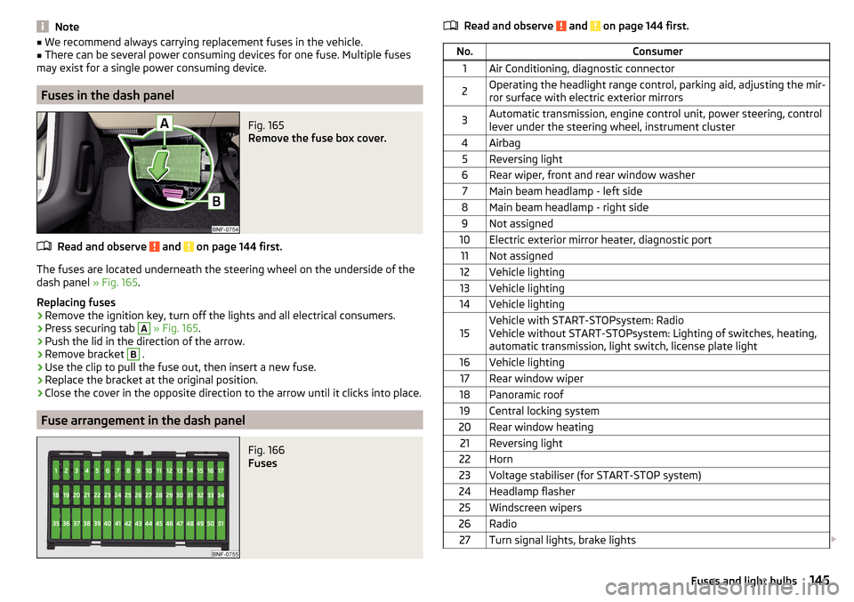 SKODA CITIGO 2016 1.G Owners Manual Note■We recommend always carrying replacement fuses in the vehicle.■There can be several power consuming devices for one fuse. Multiple fuses
may exist for a single power consuming device.
Fuses i