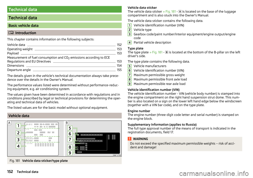 SKODA CITIGO 2016 1.G Owners Manual Technical data
Technical data
Basic vehicle data
Introduction
This chapter contains information on the following subjects:
Vehicle data
152
Operating weight
153
Payload
153
Measurement of fuel cons