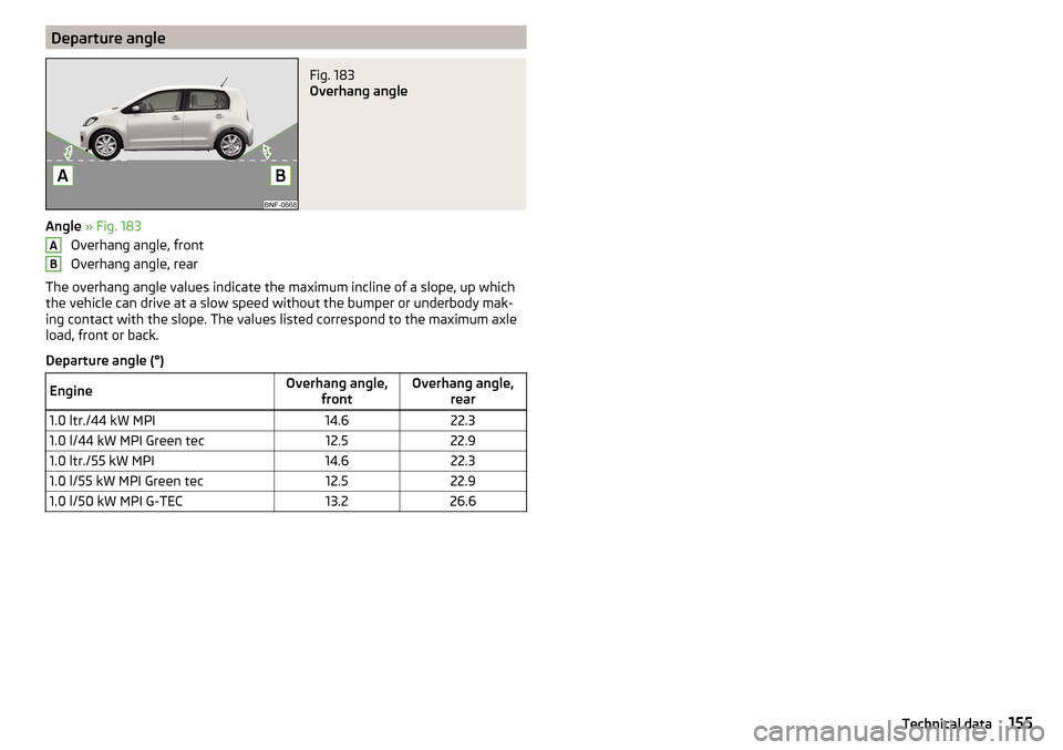 SKODA CITIGO 2016 1.G Owners Manual Departure angleFig. 183
Overhang angle
Angle » Fig. 183
Overhang angle, front
Overhang angle, rear
The overhang angle values indicate the maximum incline of a slope, up which the vehicle can drive a SKODA CITIGO 2016 1.G Owners Manual Departure angleFig. 183
Overhang angle
Angle » Fig. 183
Overhang angle, front
Overhang angle, rear
The overhang angle values indicate the maximum incline of a slope, up which the vehicle can drive a