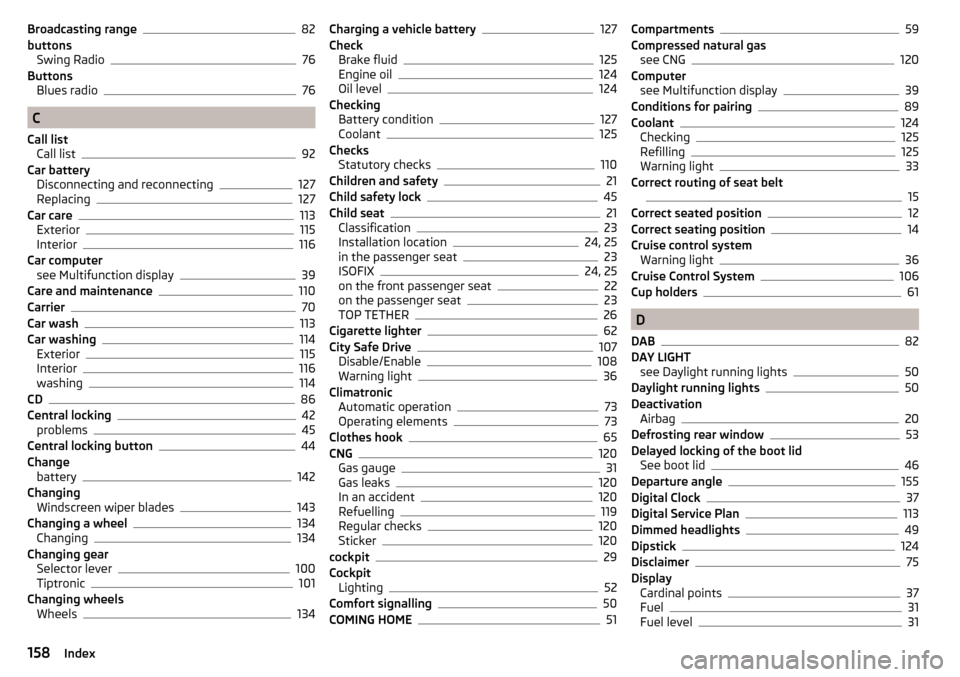 SKODA CITIGO 2016 1.G User Guide Broadcasting range82
buttons Swing Radio
76
Buttons Blues radio
76
C
Call list Call list
92
Car battery Disconnecting and reconnecting
127
Replacing127
Car care113
Exterior115
Interior116
Car computer