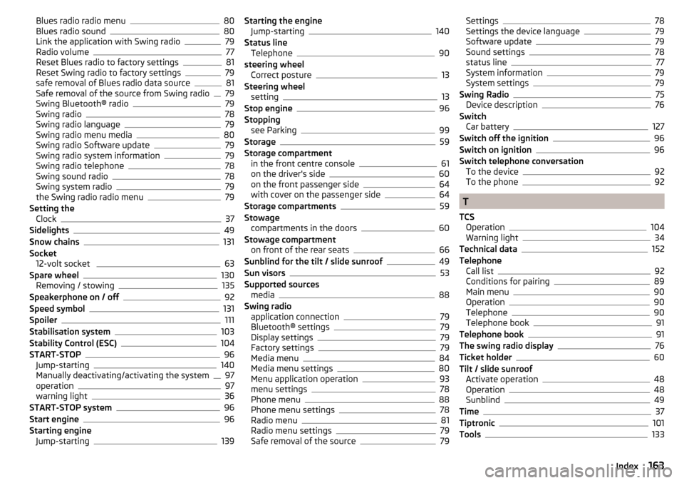 SKODA CITIGO 2016 1.G Owners Manual Blues radio radio menu80
Blues radio sound80
Link the application with Swing radio79
Radio volume77
Reset Blues radio to factory settings81
Reset Swing radio to factory settings79
safe removal of Blue