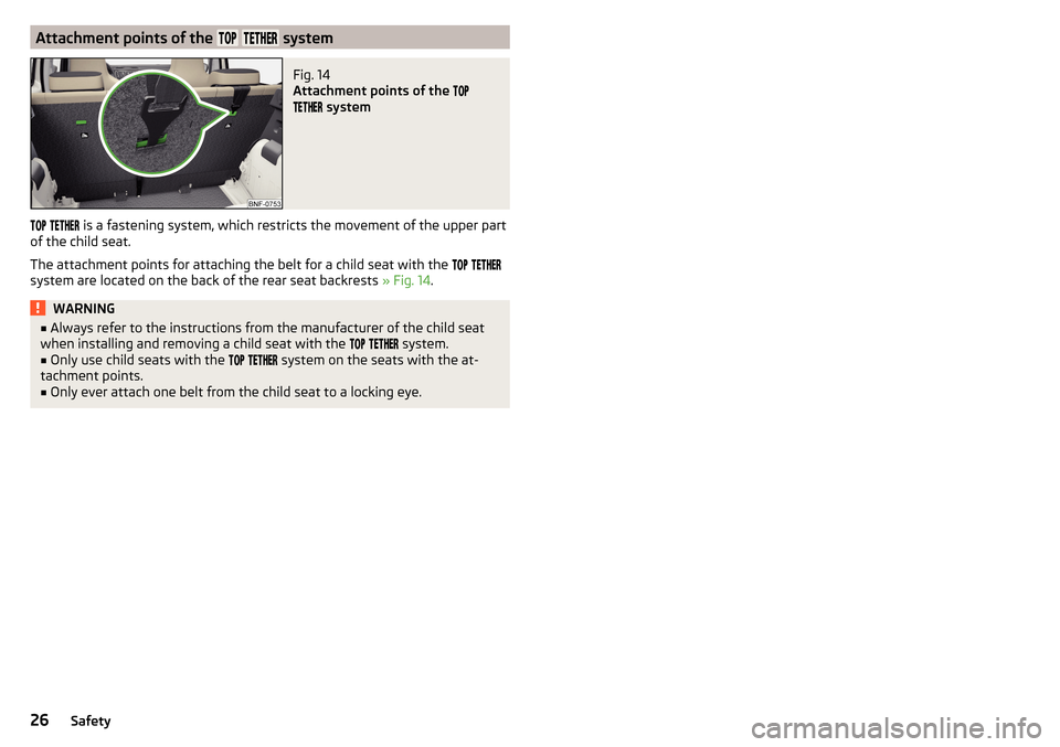 SKODA CITIGO 2016 1.G Owners Guide Attachment points of the systemFig. 14
Attachment points of the
system
is a fastening system, which restricts SKODA CITIGO 2016 1.G Owners Guide Attachment points of the systemFig. 14
Attachment points of the
system
is a fastening system, which restricts