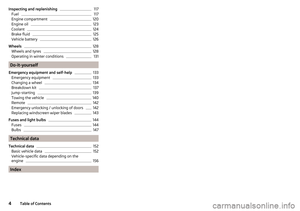 SKODA CITIGO 2016 1.G Owners Manual Inspecting and replenishing117Fuel117
Engine compartment
120
Engine oil
123
Coolant
124
Brake fluid
125
Vehicle battery
126
Wheels
128
Wheels and tyres
128
Operating in winter conditions
131
Do-it-you