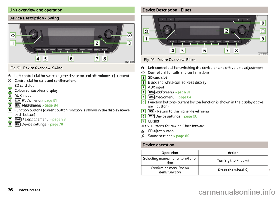 SKODA CITIGO 2016 1.G Owners Manual Unit overview and operation
Device Description - Swing
Fig. 91 
Device Overview: Swing
Left control dial for switching the device on and off; volume adjustment
Control dial for calls and confirmations
