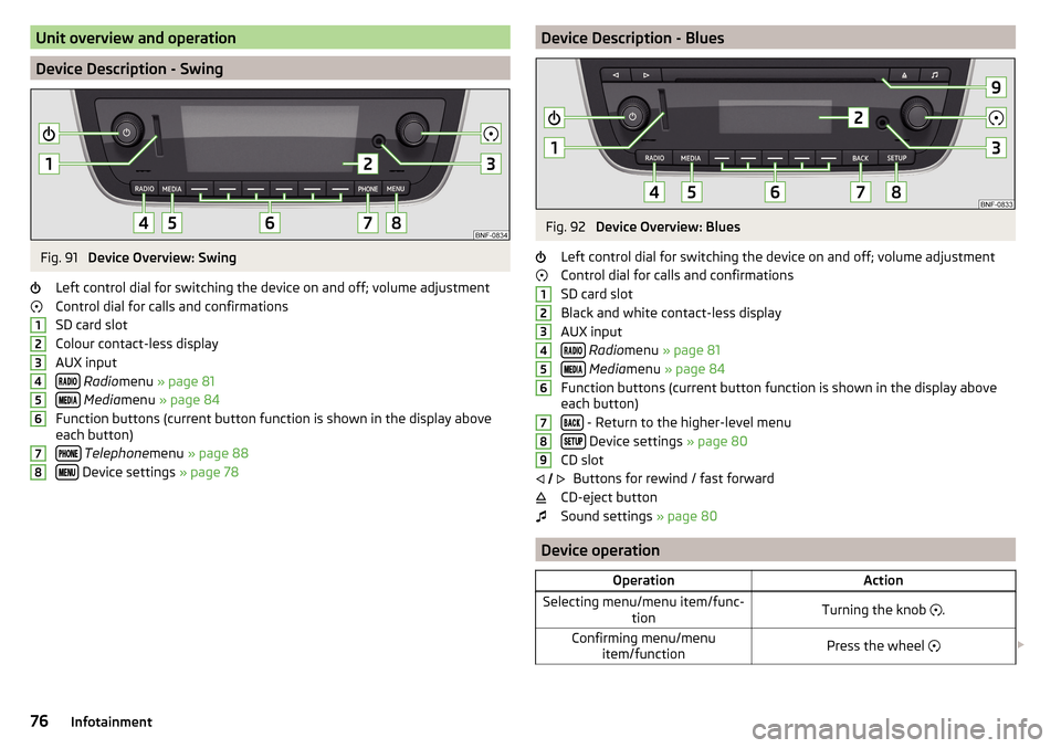 SKODA CITIGO 2016 1.G Manual PDF Unit overview and operation
Device Description - Swing
Fig. 91
Device Overview: Swing
Left control dial for switching the device on and off; volume adjustment
Control dial for calls and confirmations SKODA CITIGO 2016 1.G Manual PDF Unit overview and operation
Device Description - Swing
Fig. 91
Device Overview: Swing
Left control dial for switching the device on and off; volume adjustment
Control dial for calls and confirmations