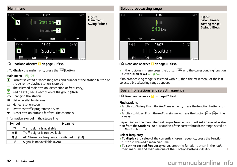 SKODA CITIGO 2016 1.G Owners Manual Main menuFig. 96 
Main menu:
Swing / Blues
Read and observe  on page 81 first.
›
To  display  the main menu, press the   button.
Main menu  » Fig. 96
Current selected broadcasting ar