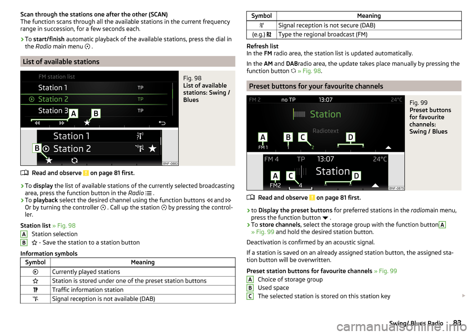 SKODA CITIGO 2016 1.G Owners Manual Scan through the stations one after the other (SCAN)
The function scans through all the available stations in the current frequency range in succession, for a few seconds each.›
To  start/finish  au