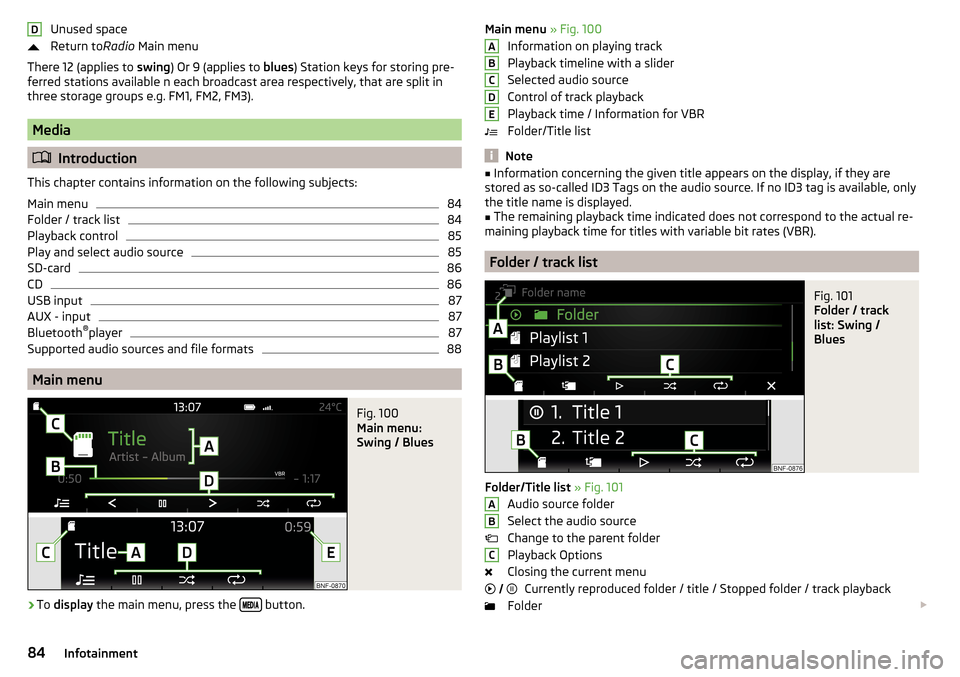 SKODA CITIGO 2016 1.G Owners Manual Unused space
Return to Radio Main menu
There 12 (applies to  swing) Or 9 (applies to  blues) Station keys for storing pre-
ferred stations available n each broadcast area respectively, that are split 