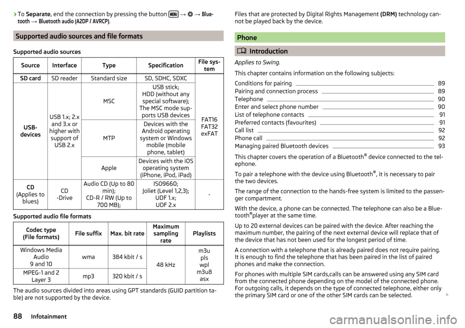 SKODA CITIGO 2016 1.G Owners Manual ›To 
Separate , end the connection by pressing the button   
→   → Blue-tooth
  → 
Bluetooth audio (A2DP / AVRCP)
.
Supported audio sources and file formats
Supported audio sour