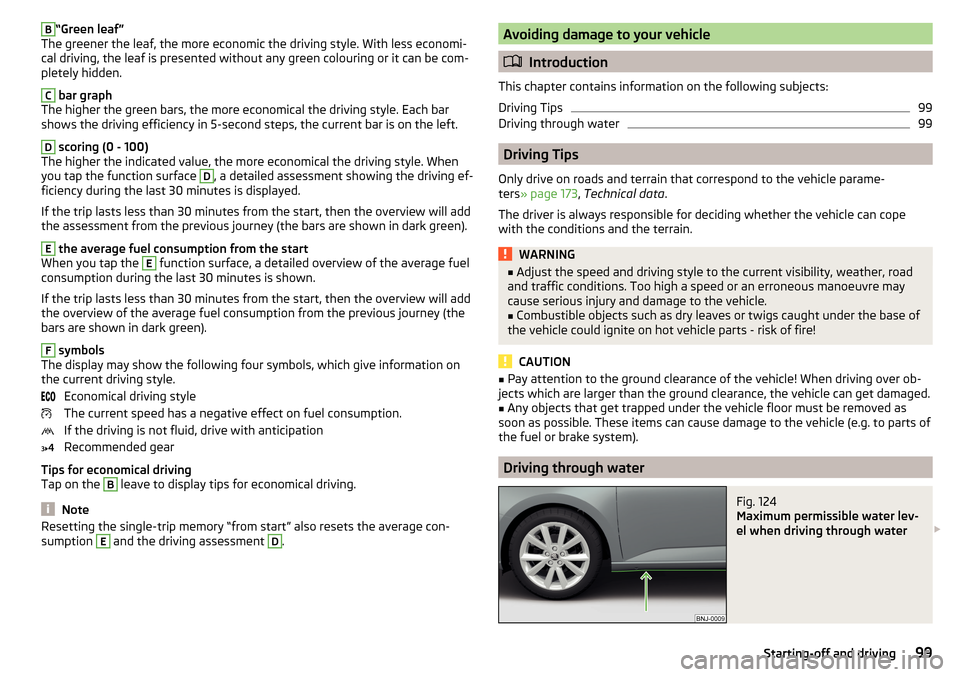 SKODA FABIA 2016 3.G / NJ Owners Manual B“Green leaf”
The greener the leaf, the more economic the driving style. With less economi-
cal driving, the leaf is presented without any green colouring or it can be com-
pletely hidden.C
 bar g