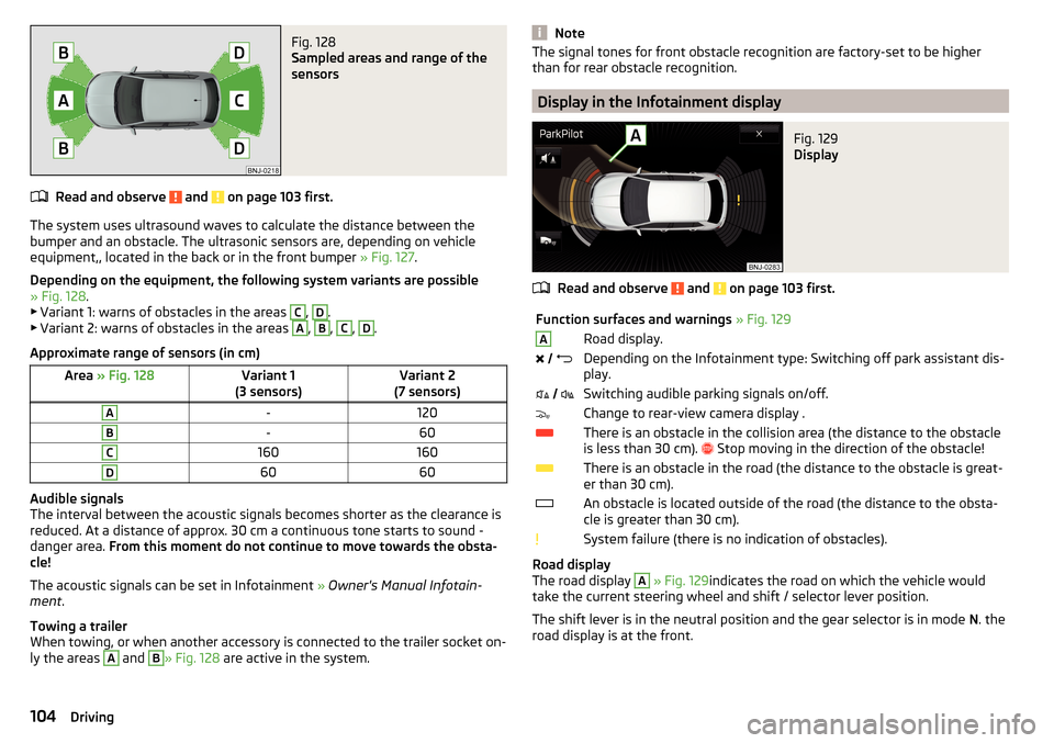 SKODA FABIA 2016 3.G / NJ Owners Manual Fig. 128 
Sampled areas and range of the
sensors
Read and observe  and  on page 103 first.
The system uses ultrasound waves to calculate the distance between the
bumper and an obstacle. The ultrasonic