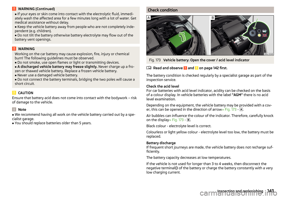 SKODA FABIA 2016 3.G / NJ Owners Manual WARNING (Continued)■If your eyes or skin come into contact with the electrolytic fluid, immedi-
ately wash the affected area for a few minutes long with a lot of water. Get
medical assistance withou SKODA FABIA 2016 3.G / NJ Owners Manual WARNING (Continued)■If your eyes or skin come into contact with the electrolytic fluid, immedi-
ately wash the affected area for a few minutes long with a lot of water. Get
medical assistance withou