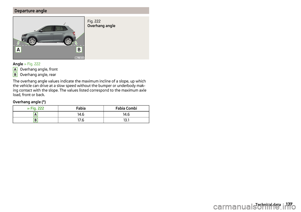 SKODA FABIA 2016 3.G / NJ Owners Manual Departure angleFig. 222 
Overhang angle
Angle » Fig. 222
Overhang angle, front
Overhang angle, rear
The overhang angle values indicate the maximum incline of a slope, up which the vehicle can drive a