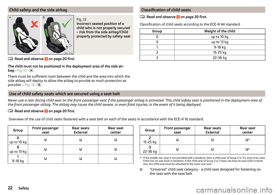 SKODA FABIA 2016 3.G / NJ Owners Guide Child safety and the side airbagFig. 13 
Incorrect seated position of a
child who is not properly secured
– risk from the side airbag/Child
properly protected by safety seat
Read and observe  on pag