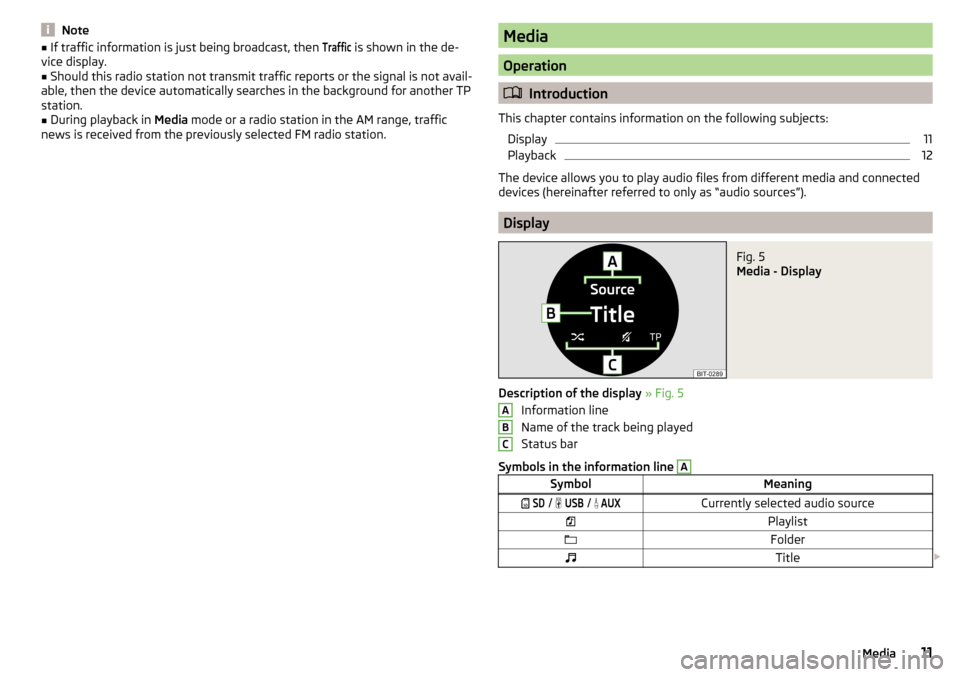 SKODA RAPID 2016 1.G Blues Infotainment System Navigation Manual Note■If traffic information is just being broadcast, then Traffic is shown in the de-
vice display.■
Should this radio station not transmit traffic reports or the signal is not avail-
able, then t